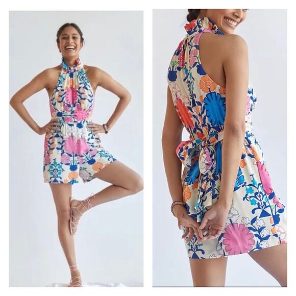 Plenty by Tracy Reese Womens Retro Floral Halter Neck Romper S Boho Summer Artsy - Picture 1 of 16